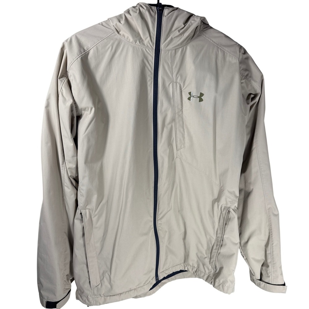 Under Armour Mens Allseasongear Hooded‎ Windbreaker Jacket Tan Khaki Large Loose